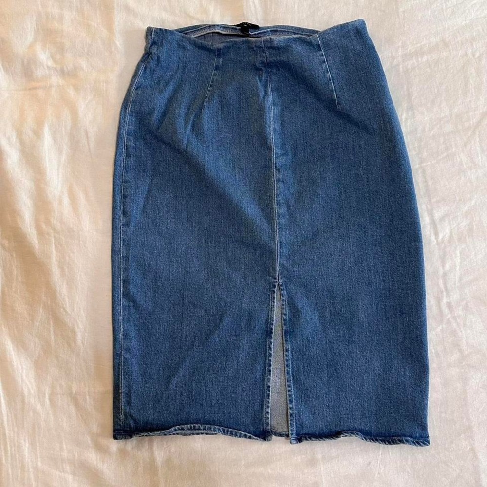 VTG Preppy Festival Western Boho Minimalist Denim Midi Skirt Women 30 Blue
